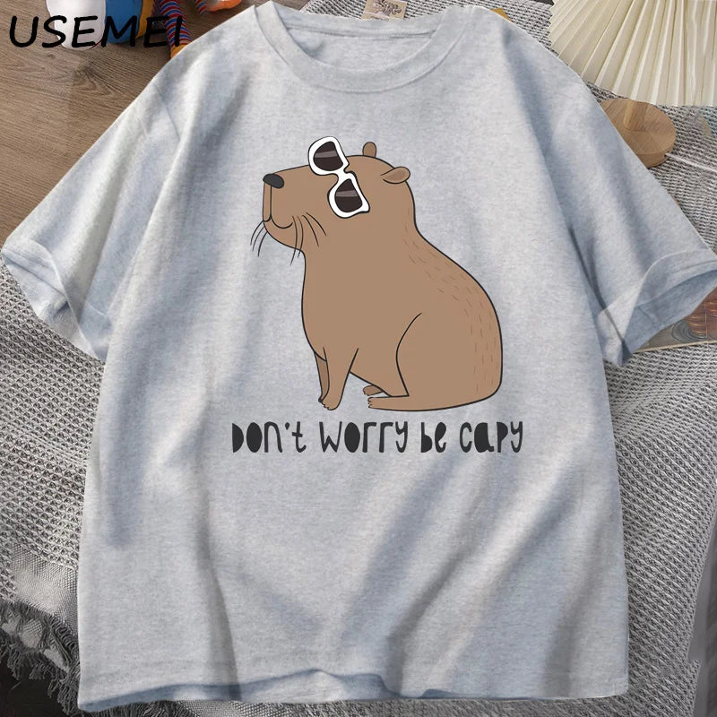 Don't Worry Be Capy Awesome Cute Capybara T-shirts Man Casual Cotton Summer T Shirt Short Sleeve Oversized T-shirt Animal Tees