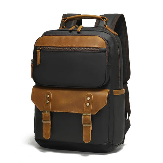 Backpacking man's travel computer backpack, student schoolbag, retro travel book bag, oil wax canvas with top-grain leather