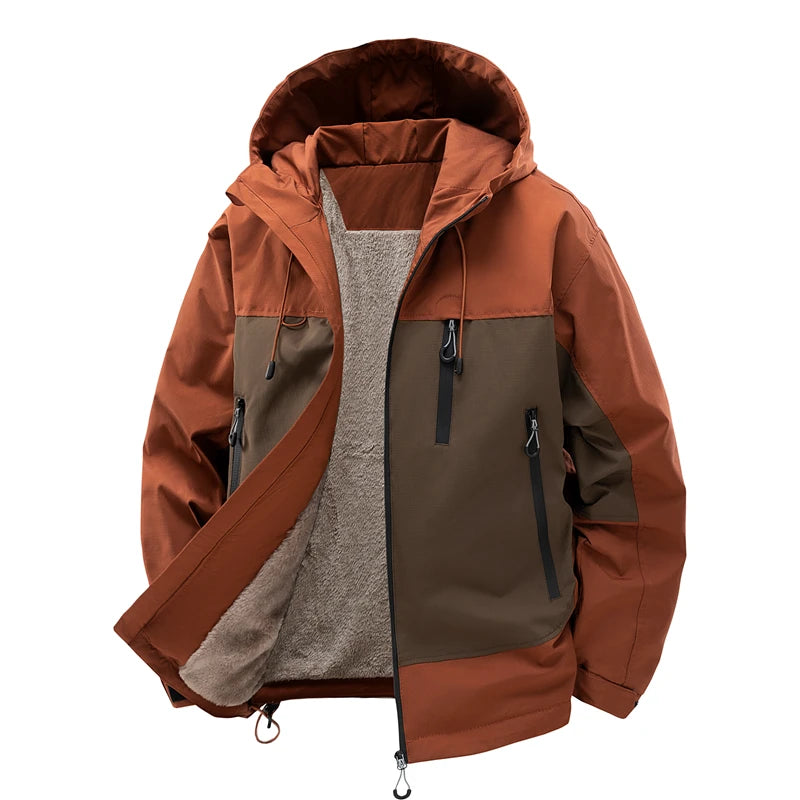 Fleece Lined Jackets for Men Outdoor Waterproof Hooded Zip Up Jackets for Camping Hiking Spring Autumn with Zipper Pockets Warm
