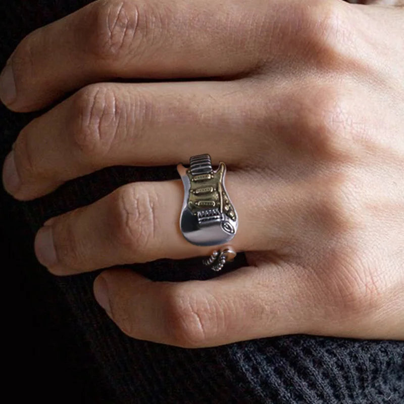 Retro Electric Guitar Ring For Men Punk Gothic Rock Hiphop Open Ring Handmade Designer Jewelry Unisex Accessories Music Artist