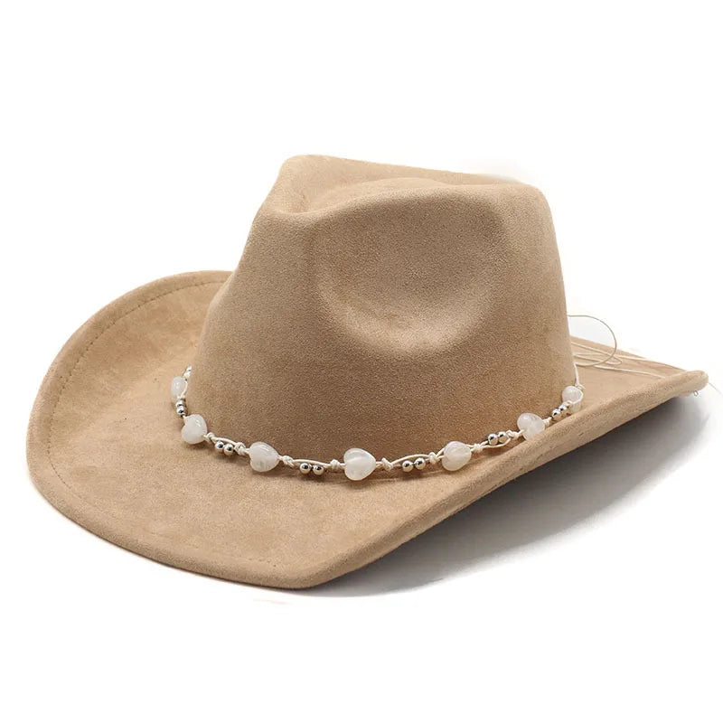 Women's Elegant Western Hat - Curved Brim Faux Suede Polyester Cowboy Hat (57-58cm) with White Heart Band