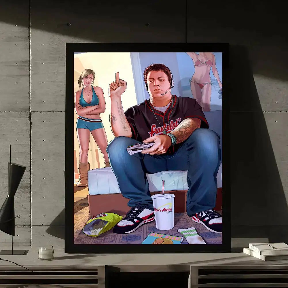 Game GTA 5 Grand Theft Auto Poster Gallery Prints Self Adhesive Home Decor Decoration Wall Decals Living Room Sticker