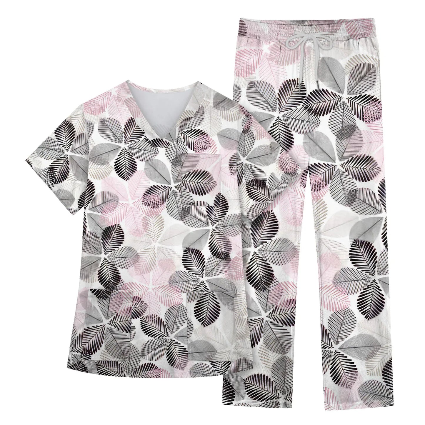 Women's Nursing uniform set Short Sleeve V Neck Animal Print Chest Pocket Top Elastic Waist Pants Two Piece Working Scrubs Set