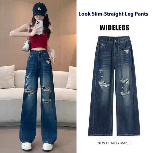 Jeans Women's New Spring and Summer Yangqi Straight Wide-Leg Pants Broken Holes Thin Section Draping Loose Dragging Long Pants