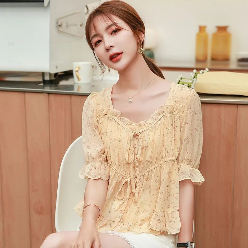 Shirts & Blouses for Women Simple Woman Top Ruffleswith Print New Collection 2024 Fashion Korea Stylish Summer Novelties M Tall