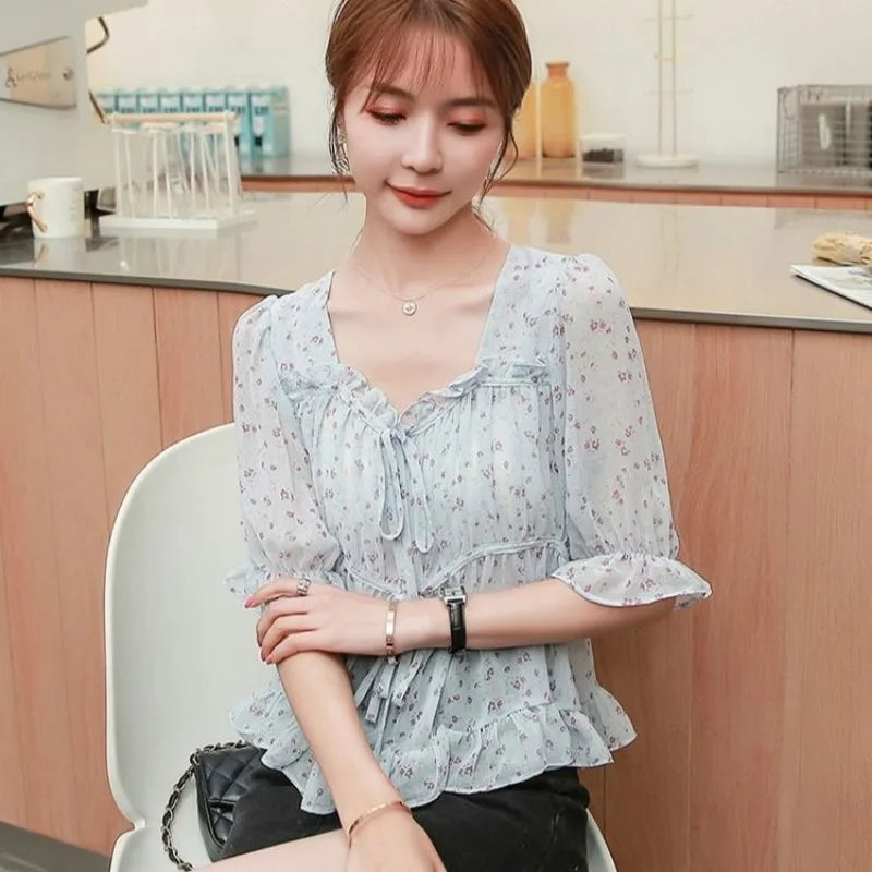 Shirts & Blouses for Women Simple Woman Top Ruffleswith Print New Collection 2024 Fashion Korea Stylish Summer Novelties M Tall