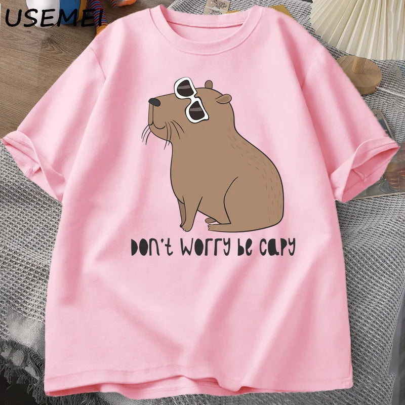 Don't Worry Be Capy Awesome Cute Capybara T-shirts Man Casual Cotton Summer T Shirt Short Sleeve Oversized T-shirt Animal Tees