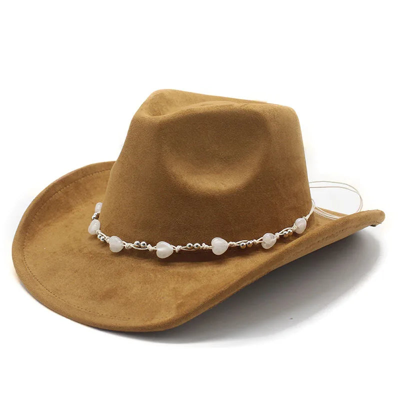 Women's Elegant Western Hat - Curved Brim Faux Suede Polyester Cowboy Hat (57-58cm) with White Heart Band