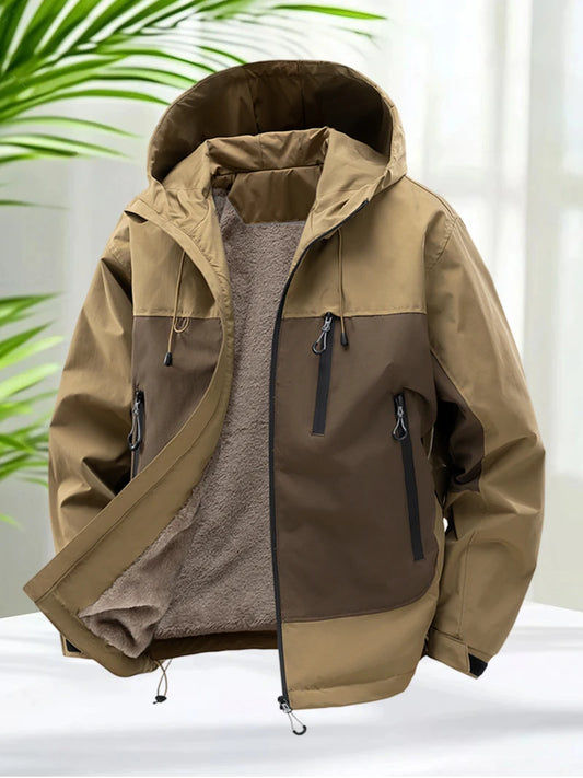 Fleece Lined Jackets for Men Outdoor Waterproof Hooded Zip Up Jackets for Camping Hiking Spring Autumn with Zipper Pockets Warm