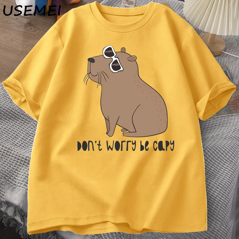 Don't Worry Be Capy Awesome Cute Capybara T-shirts Man Casual Cotton Summer T Shirt Short Sleeve Oversized T-shirt Animal Tees