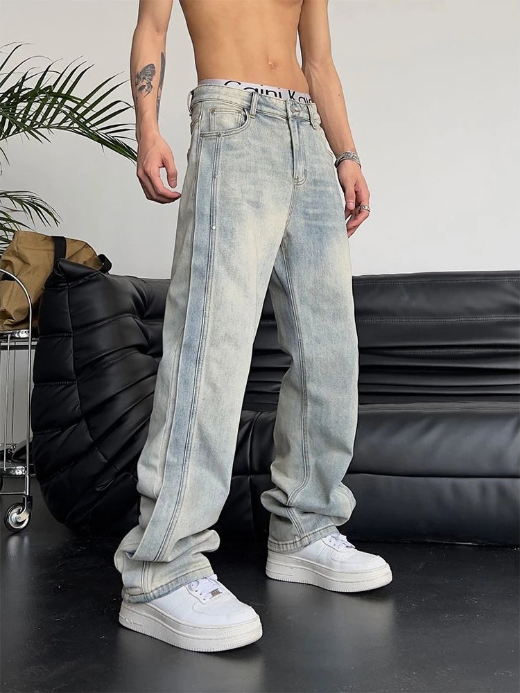 Jeans for Men Loose Light Blue Baggy Straight Man Cowboy Pants Punk Spliced Y2k Vintage Trousers 2024 Korean Autumn Trend Cotton