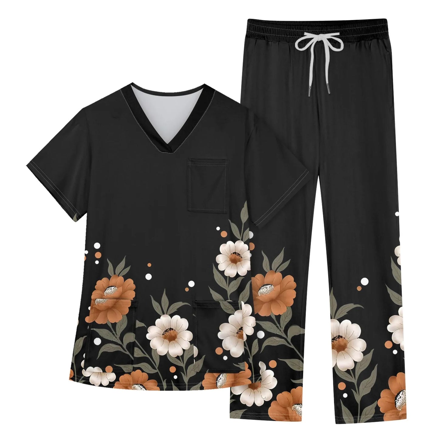 Women's Nursing uniform set Short Sleeve V Neck Animal Print Chest Pocket Top Elastic Waist Pants Two Piece Working Scrubs Set
