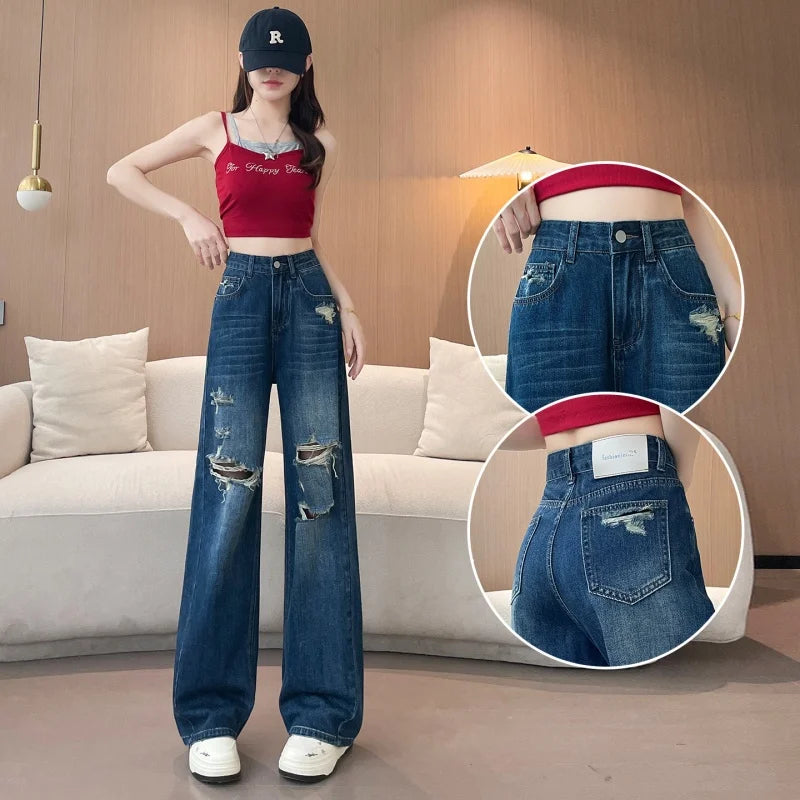 Jeans Women's New Spring and Summer Yangqi Straight Wide-Leg Pants Broken Holes Thin Section Draping Loose Dragging Long Pants