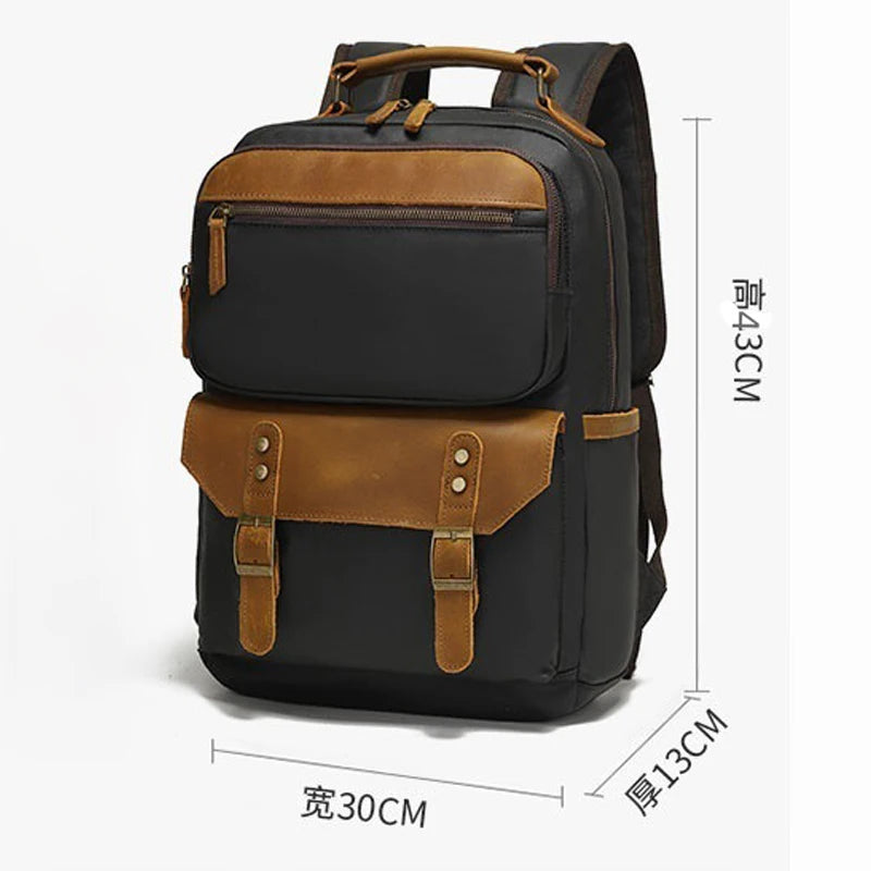 Backpacking man's travel computer backpack, student schoolbag, retro travel book bag, oil wax canvas with top-grain leather