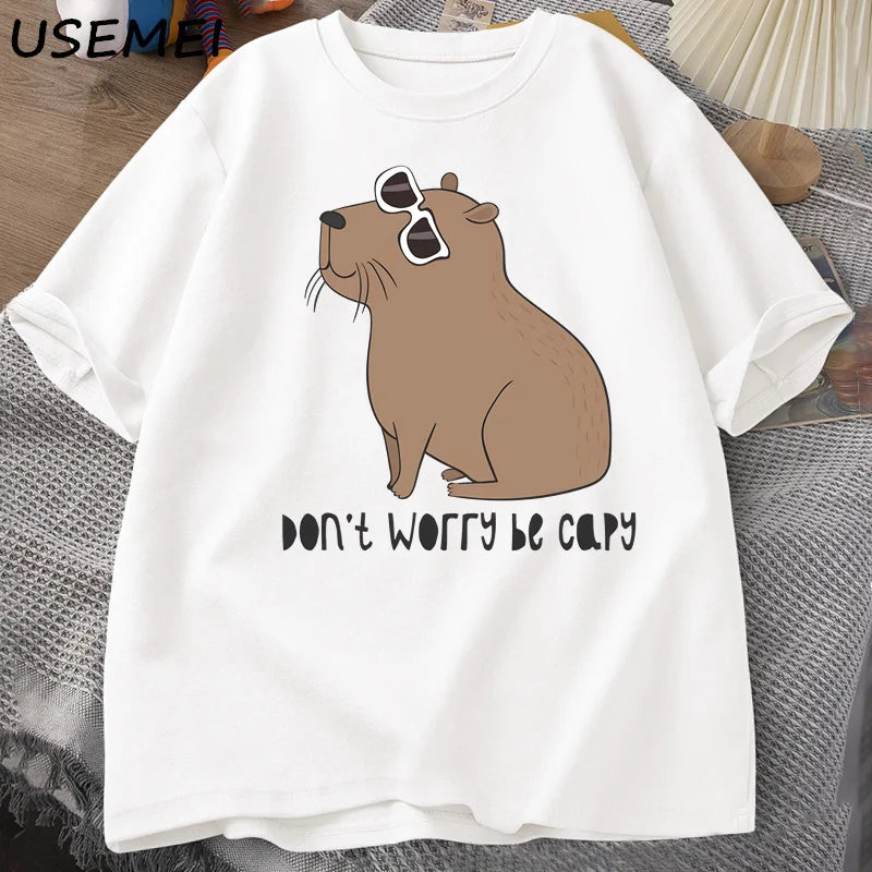 Don't Worry Be Capy Awesome Cute Capybara T-shirts Man Casual Cotton Summer T Shirt Short Sleeve Oversized T-shirt Animal Tees
