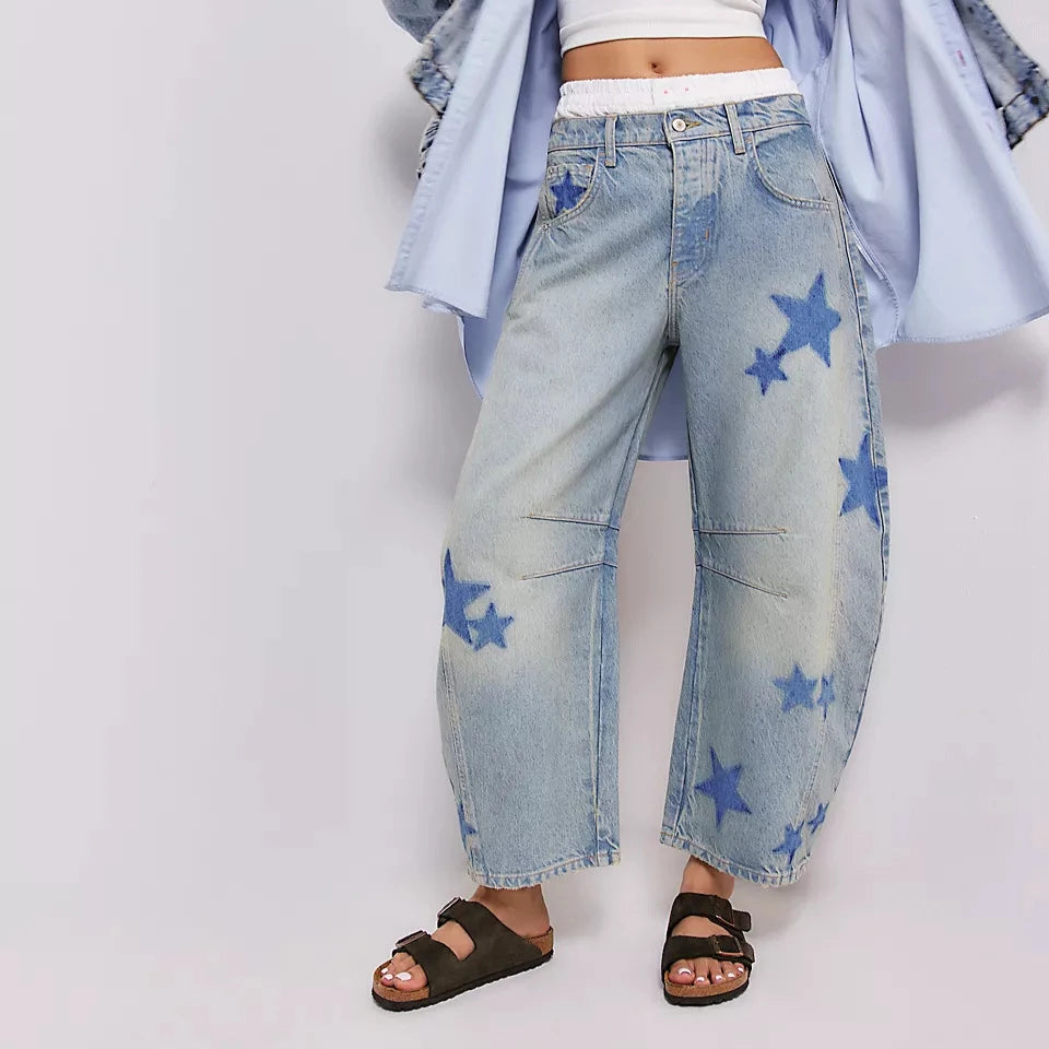 Jeans Women Print Long Pants Casual Loose Denim Blue Mom Heart Mid Waist Wide Leg Pant Trousers Pocket Button Y2k Splice 2025