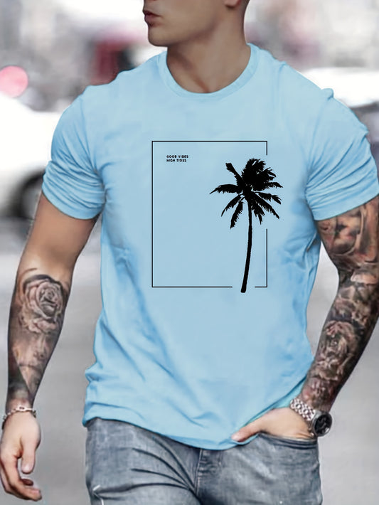 Coconut Tree Print, Men's Graphic Design Crew Neck T-shirt, Casual Comfy Tees Tshirts For Summer, Men's Clothing Tops For Daily Vacation Resorts