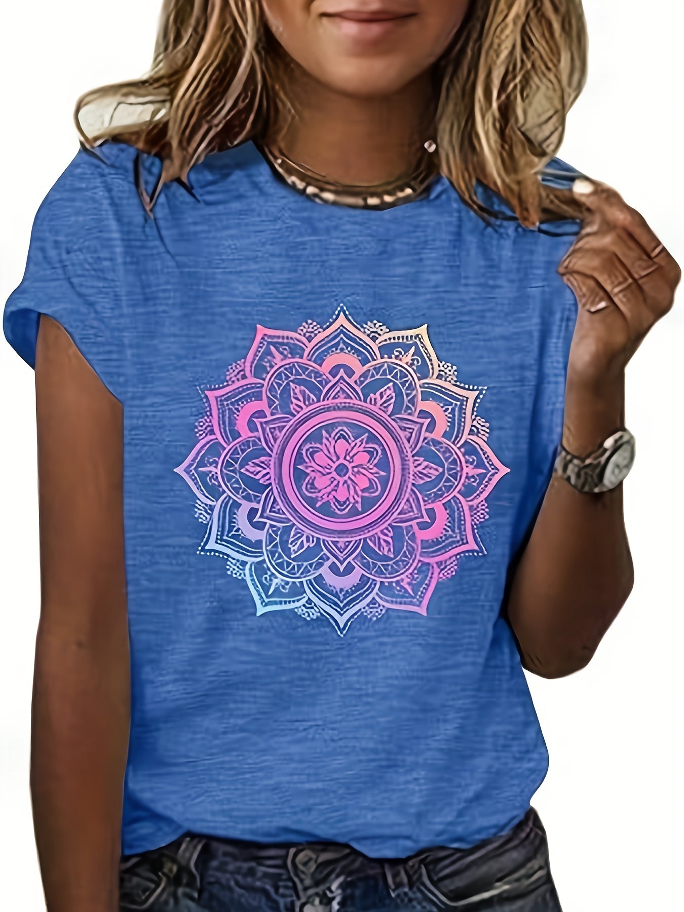 Women's Mandala Graphic Tees Lotus Flower Print Tshirts Short Sleeve Wildflower Tops