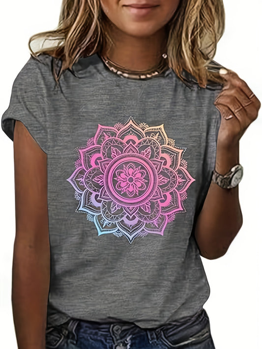 Women's Mandala Graphic Tees Lotus Flower Print Tshirts Short Sleeve Wildflower Tops