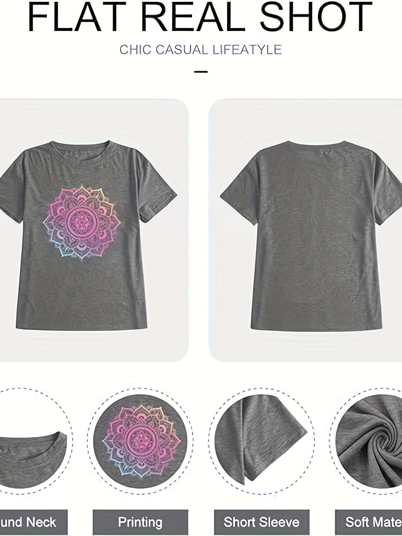 Women's Mandala Graphic Tees Lotus Flower Print Tshirts Short Sleeve Wildflower Tops