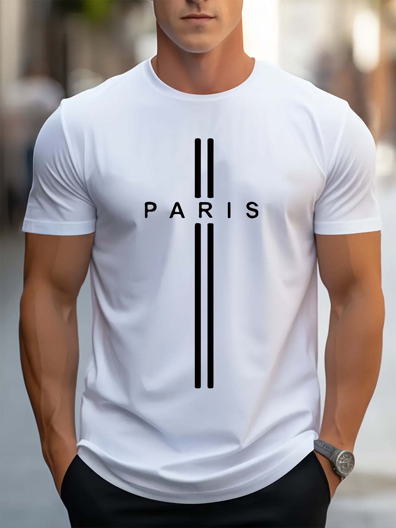 Paris Print, Men's Graphic Design Crew Neck T-shirt, Casual Comfy Tees Tshirts For Summer, Men's Clothing Tops For Daily Vacation Resorts