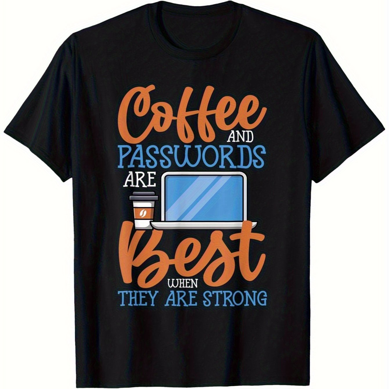 1pc Men's "Coffee & Passwords Are Best When They're Strong" Graphic T-Shirt - 100% Cotton 180gsm, Single-Sided Print, Black Short Sleeve, Regular Fit, S-XXXL, Funny Tech & Coffee Lover Gift for New Year 2025 & Valentine's Day