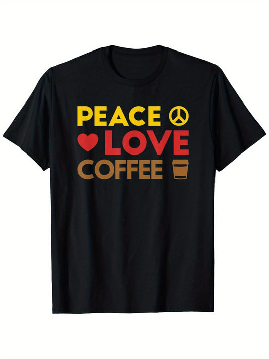 Peace Love Coffee Graphic T-Shirt for Men & Women - 100% Cotton 180gsm Black Short Sleeve Tee with Vibrant Single-Sided Print, Regular Fit Casual Shirt - Father's Day & Mother's Day Gift for Dad, Mom, Barista (XXXL), Coffee L